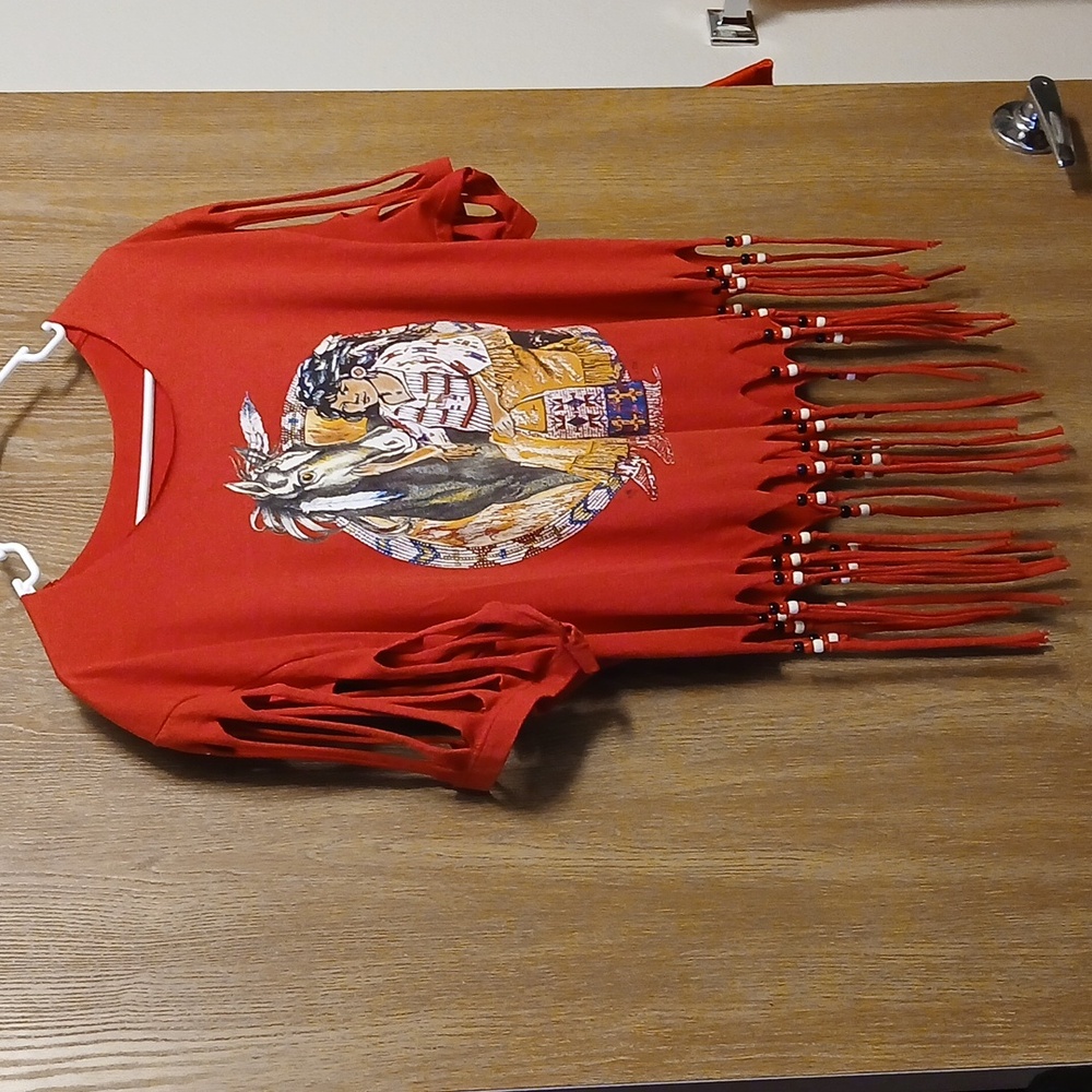 Rag Tag Top Horse Native American Woman Graphics Fringe Beaded Size L Vintage